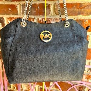 Michael Kors Black PVC Jet Set Travel Large Silver Chain Shoulder Tote Bag
